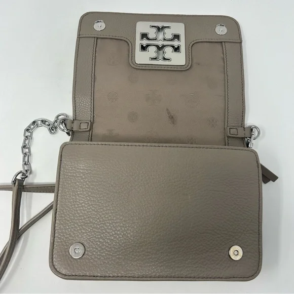 Tory Burch Britten Combo Crossbody Shoulder Bag Taupe Leather Silver Hardware - Picture 8 of 14